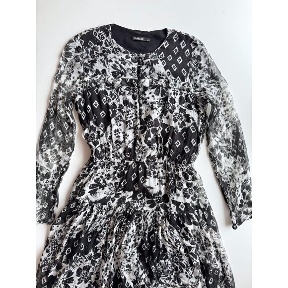 MASSIMO DUTTI Black White Floral Silk Crepe A-Line Midi Dress, Size 6 - Picture 5 of 16